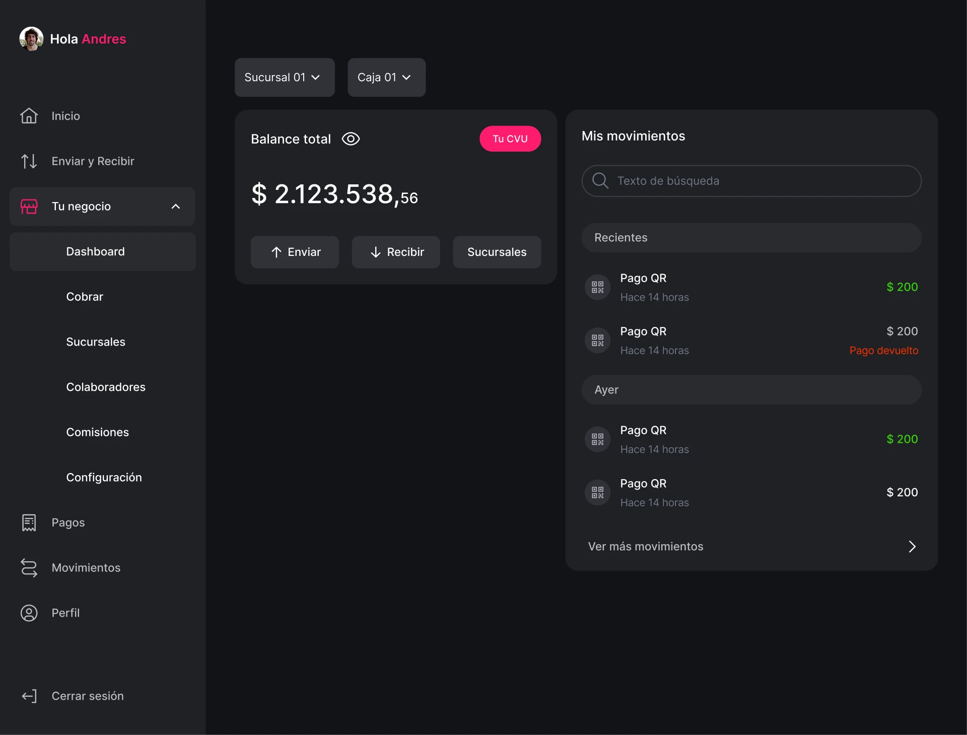 Rebit Comercios dashboard showing total balance, branch and cash-register selectors, and a real-time list of QR payments.